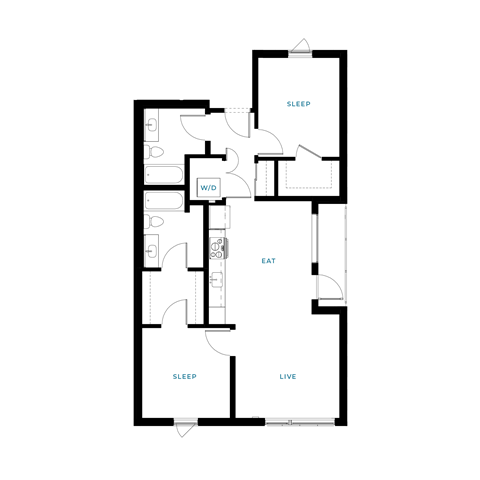 Floor plan for 2 beds, 2 baths, 963 sqft
